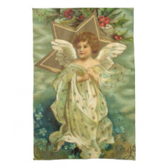 Vintage Christmas Angel Gold Star Holly Berries Kitchen Towels