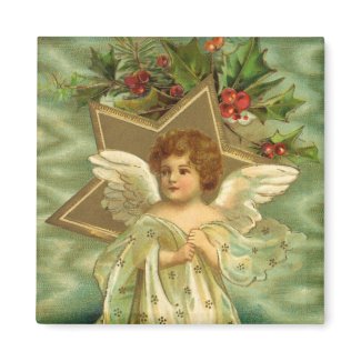 Vintage Christmas Angel Gold Star Holly Berries Refrigerator Magnet