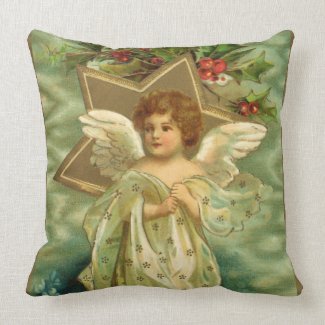 Vintage Christmas Angel Gold Star Holly Berries Throw Pillows