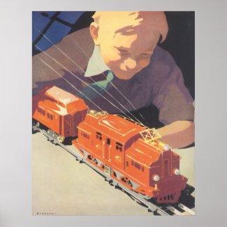 Vintage Christmas, Boy Playing with Toy Trains Poster