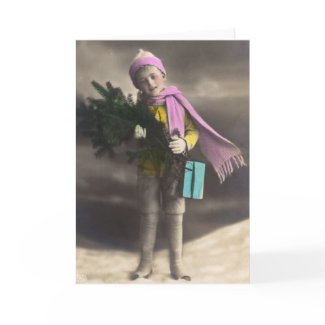 Vintage Christmas Boy, Tree & Gifts card