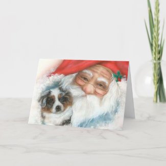 Vintage
                                                Christmas Card~Santa and Border Collie Pup