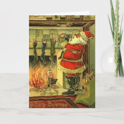 Vintage Christmas Card - Santa, Stockings