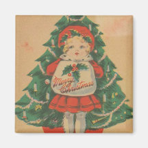 Vintage Christmas Child  infront of Tree Fridge Magnets