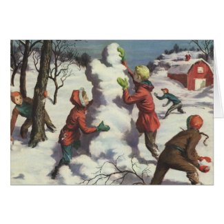 children playing inthe snow vintage xmas card