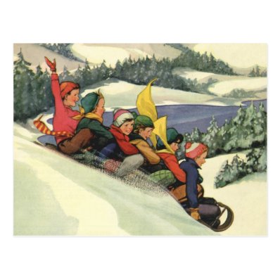 Vintage Christmas, Children Sledding on a Mountain Postcard