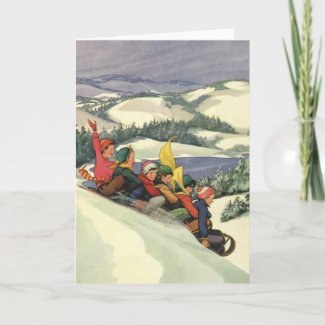 Vintage Christmas, Children Sledding Winter Snow Greeting Cards