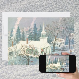 Vintage Christmas, Church Goers in Winter Snow Day Cards
