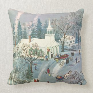 Vintage Christmas, Church Goers in Winter Snow Day Pillows