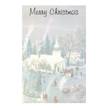 Vintage Christmas, Church Goers in Winter Snow Day Custom Stationery