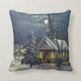 Vintage Christmas, Church in Moonlight Snow Winter Pillow
