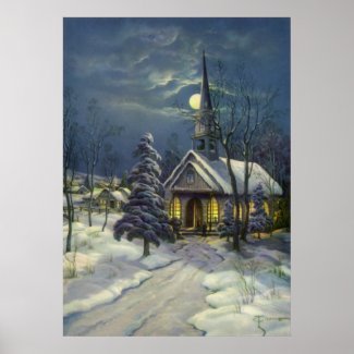 Vintage Christmas, Church in Moonlight Snow Winter Poster