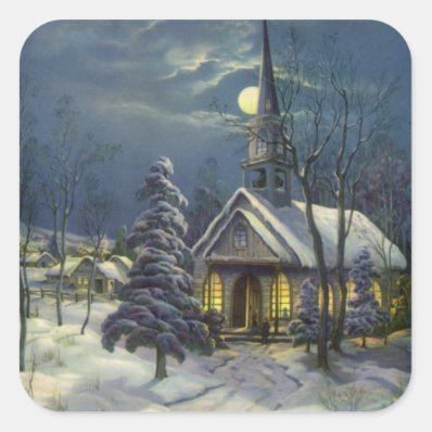 Vintage Christmas, Church in Moonlight Snow Winter Square Stickers