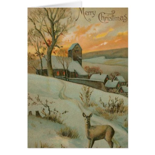 Vintage Christmas Farm with Deer Greeting Card | Zazzle