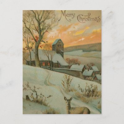 Vintage Christmas Farm with Deer Postcard