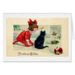Vintage Christmas Girl and Black Cat Greeting Card