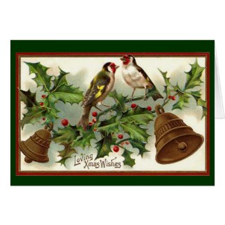Vintage Christmas Gold Bells And Birds Card