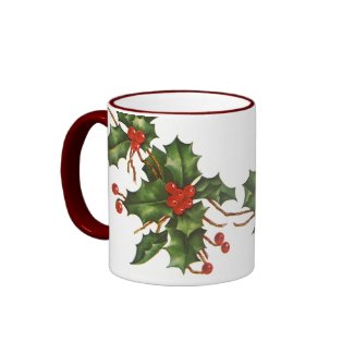 Vintage Christmas Holly Branch with Red Berries Mug