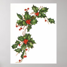 Vintage Christmas Holly Branch with Red Berries Print