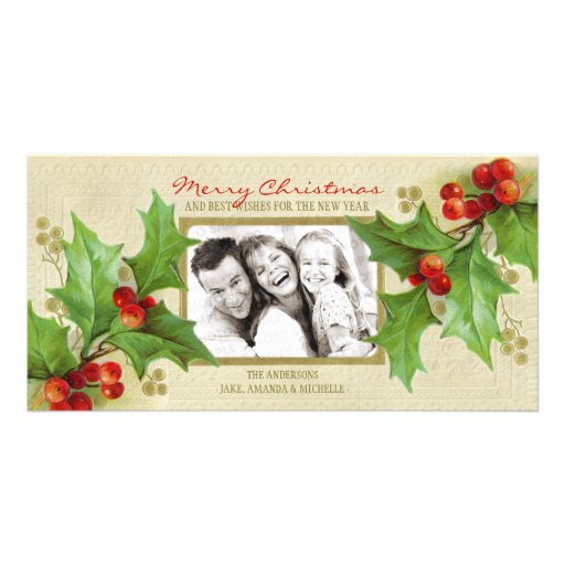 Vintage Christmas Holly Personalized photo card