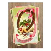 Vintage Christmas Horseshoe & Winter Scene w/Holly postcards