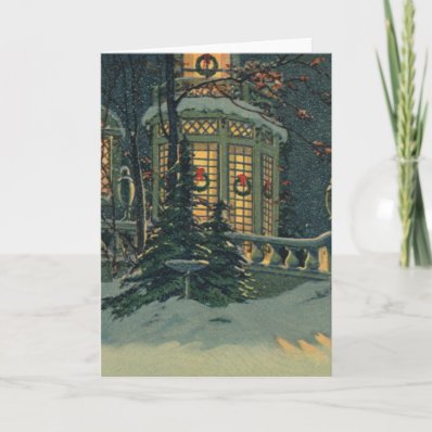 Vintage Christmas House Snow Wreaths Windows Greeting Card