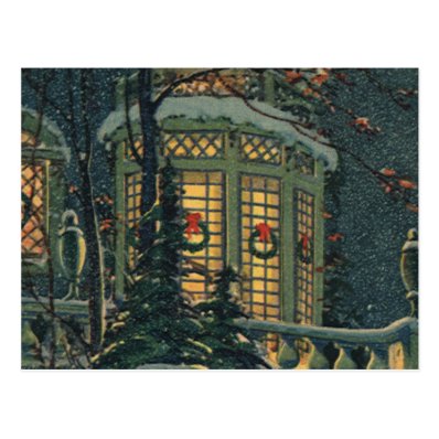 Vintage Christmas House Snow Wreaths Windows Postcard