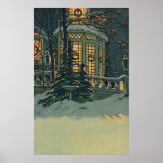 Vintage Christmas House Snow Wreaths Windows Print