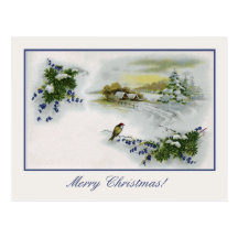 Vintage Christmas houses bird Postcard