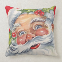 Vintage Christmas, Jolly Santa Claus with Holly Throw Pillows