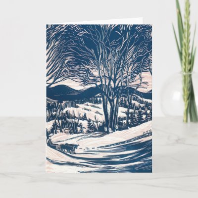 Vintage Christmas Landscape, Snow Trees Mountains Cards