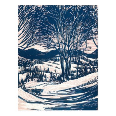 Vintage Christmas Landscape, Snow Trees Mountains Post Card
