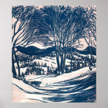 Vintage Christmas Landscape, Snow Trees Mountains Posters