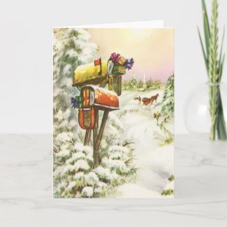 Vintage Christmas, Mailboxes Winter Landscape Greeting Card