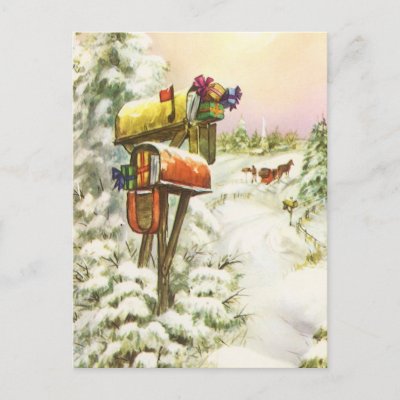 Vintage Christmas, Mailboxes Winter Landscape Postcard