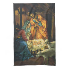 Vintage Christmas Nativity, Baby Jesus in Manger Kitchen Towels