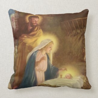 Vintage Christmas Nativity, Mary Joseph Baby Jesus Throw Pillows