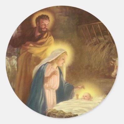 Vintage Christmas Nativity, Mary Joseph Baby Jesus Round Sticker