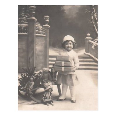 Vintage Christmas postcard-child with gifts