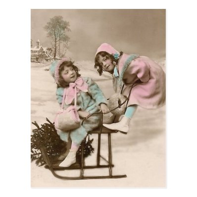 Vintage Christmas postcard-girls on sled