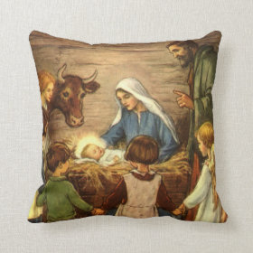 Vintage Christmas, Religious Nativity w Baby Jesus Throw Pillows
