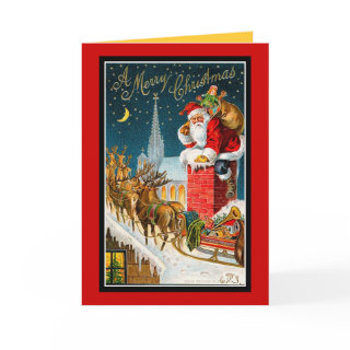 Vintage Christmas Rooftop Santa Sleigh Deers-Cards