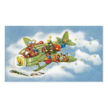 Vintage Christmas, Santa Claus Flying His Airplane Business Card Template