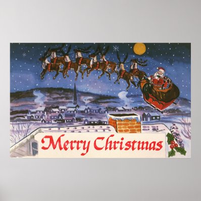 Vintage Christmas, Santa Claus Reindeer Sleigh Print