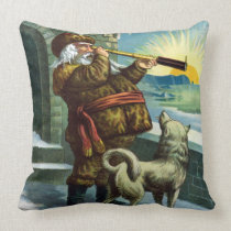 Vintage Christmas Santa Claus Telescope Dog Sunset Throw Pillows