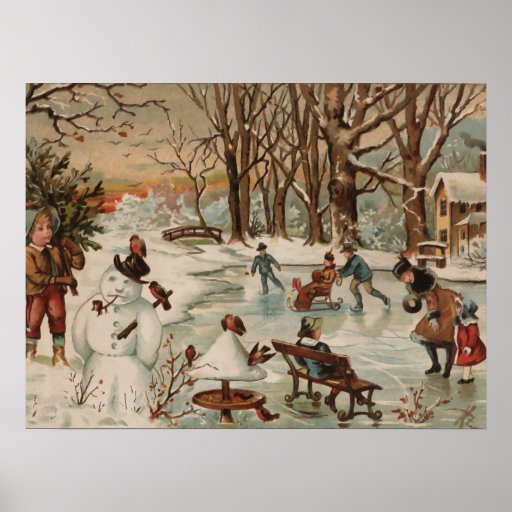 Vintage Christmas scene ice skating Print