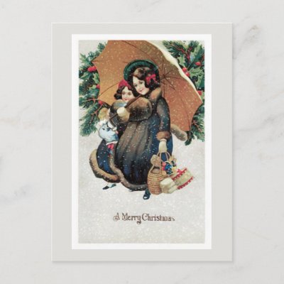Vintage Christmas Shopping in Snow postcards