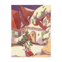 Vintage Christmas Snow House, Hanging Lights Postcard