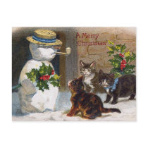 Vintage Christmas Snowman & Kittens Card postcards by MyOtherPlanet Vintage Christmas Snowman & Kittens Card postcards