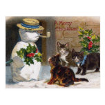 Vintage Christmas Snowman & Kittens Card Post Cards